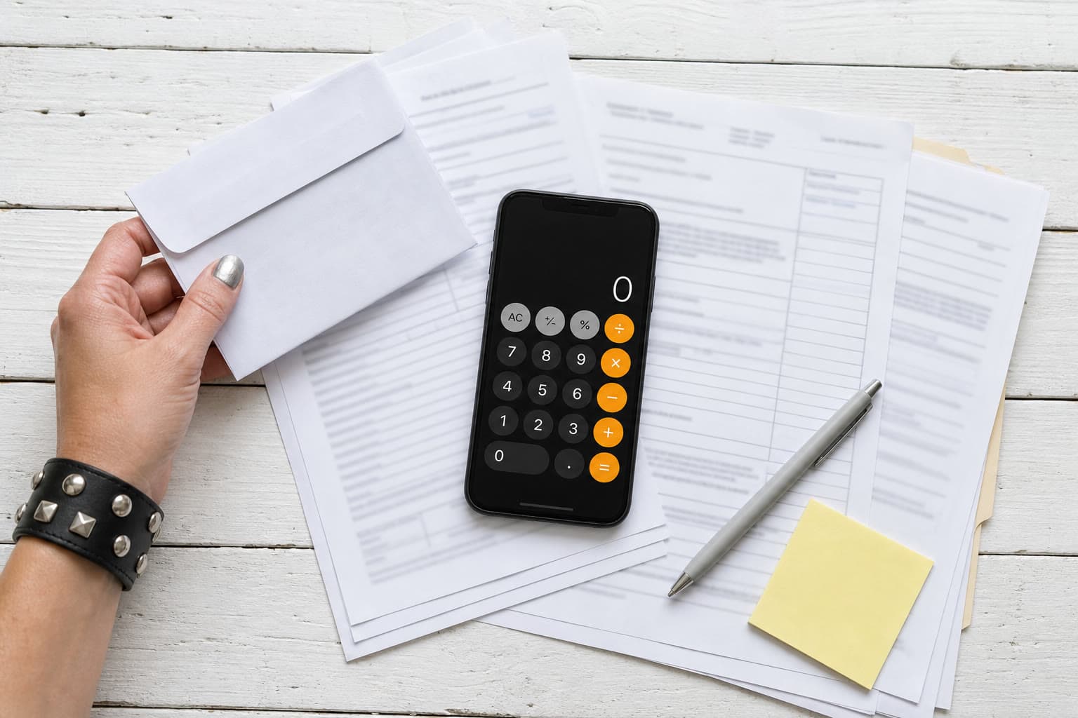 A smartphone calculator next to tax documents and a pen on a white wooden desk.